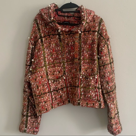 Plaid Knitted Tweed like Sweater with Pearl Beading - Picture 6 of 12